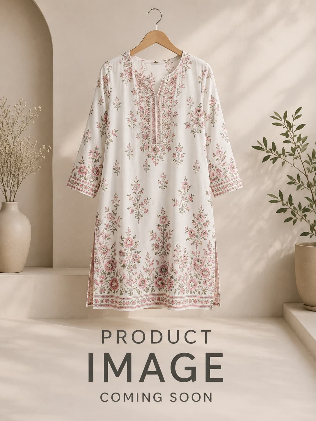 Blue Floral Print Crepe Kurti with Embroidered V-Neck