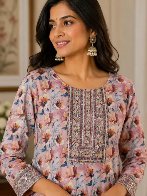 Pink Floral Embroidered Viscose Kurti