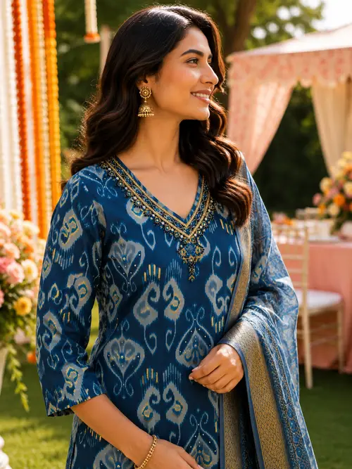Navy Blue Ikat Print V-Neck Kurta Set with Dupatta