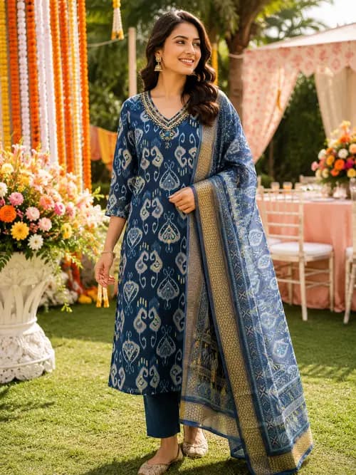 Navy Blue Ikat Print V-Neck Kurta Set with Dupatta
