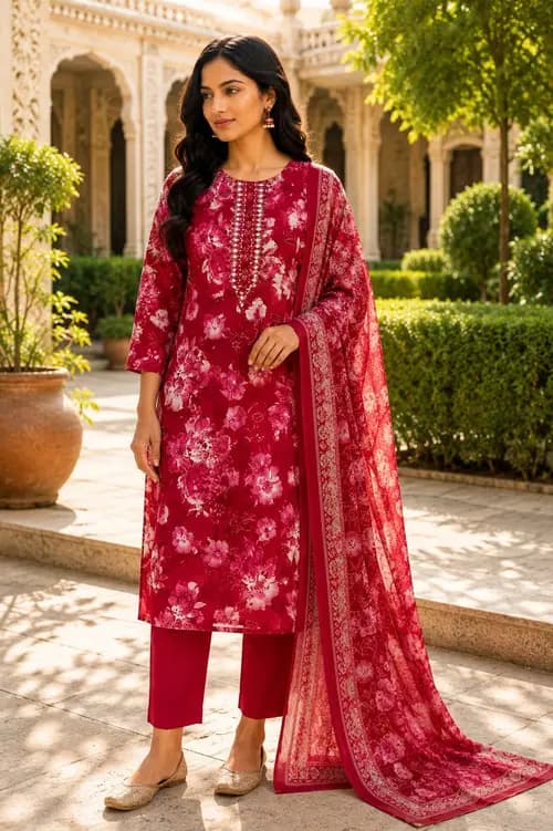Maroon Floral Rayon SKD Set with Mirror Work