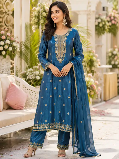 Blue Embroidered Rayon SKD Set