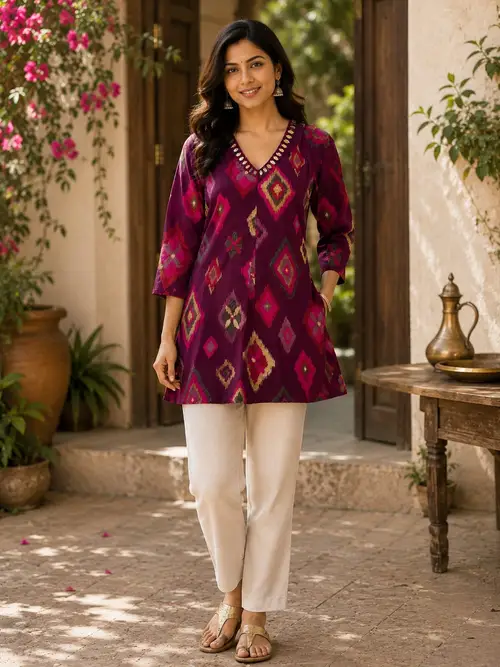 Maroon Ikat Print Tunic with Mirror Work