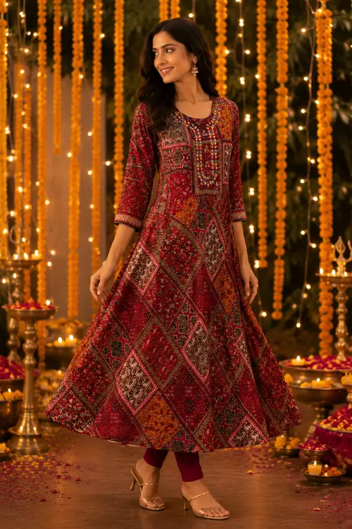 Maroon Block Print Anarkali Kurti with Mirror Work