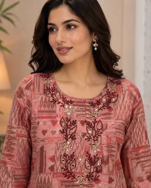 Pink Rayon Embroidered Geometric Print Kurta