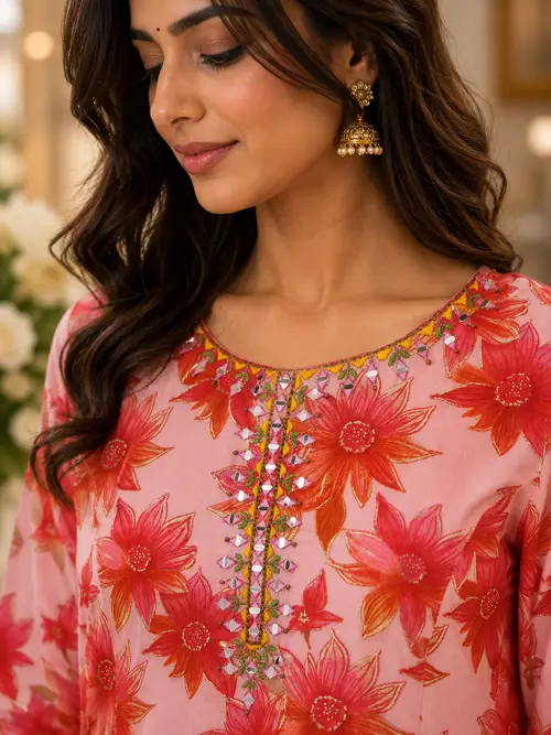 Pink Floral Mirror Work Anarkali Kurti