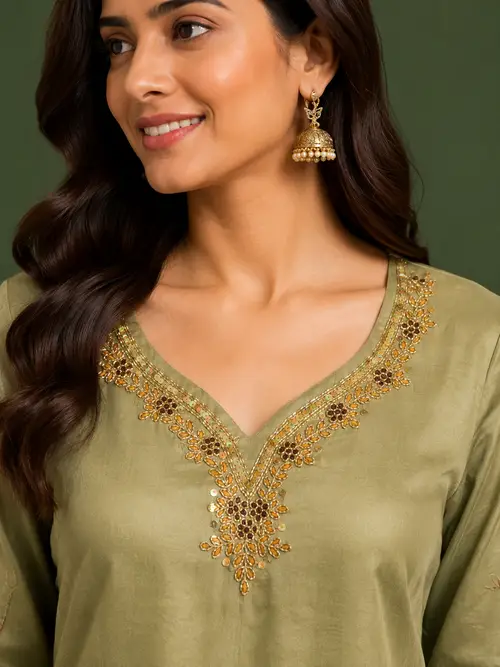 Olive Green Embroidered undefined with 3/4 Sleeves