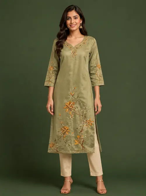 Olive Green Embroidered undefined with 3/4 Sleeves