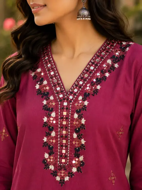 Maroon Embroidered SKD with Mirror Work
