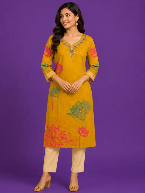 Mustard Floral Viscose Embellished Kurti