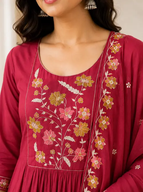 Maroon Embroidered Mal Chanderi A-Line SKD Set