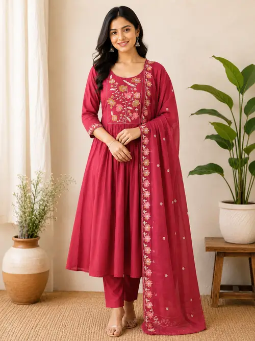 Maroon Embroidered Mal Chanderi A-Line SKD Set