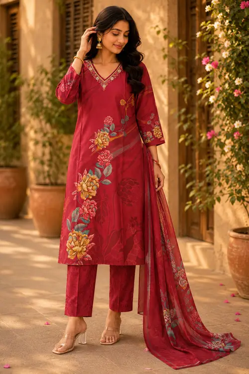 Maroon Floral Embroidered V-Neck Muslin undefined
