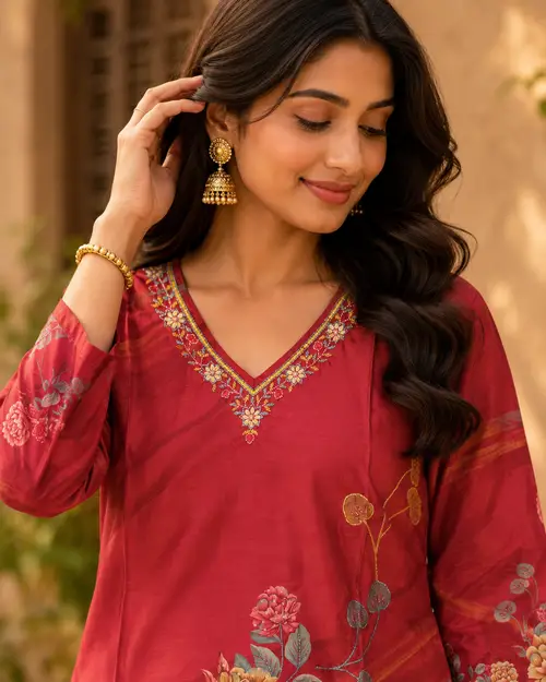 Maroon Floral Embroidered V-Neck Muslin undefined