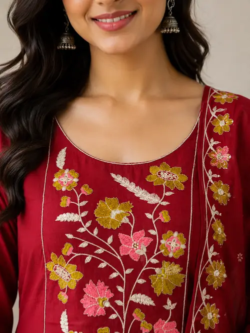 Maroon Embroidered Mal Chanderi Anarkali Kurta Set with Dupatta