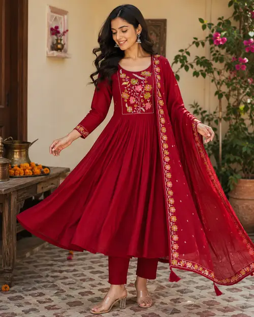 Maroon Embroidered Mal Chanderi Anarkali Kurta Set with Dupatta