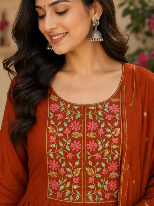 Orange Mal Chanderi Flared undefined with Floral Embroidery