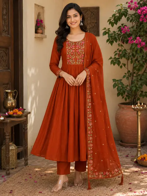 Orange Mal Chanderi Flared undefined with Floral Embroidery