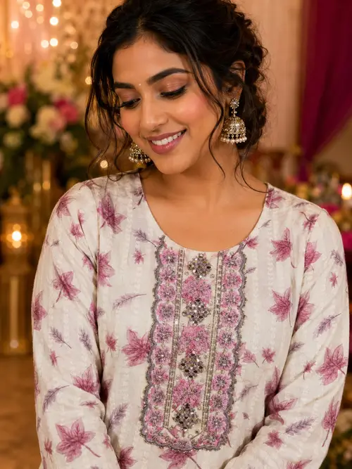 Beige Floral Embroidered Rayon Kurti