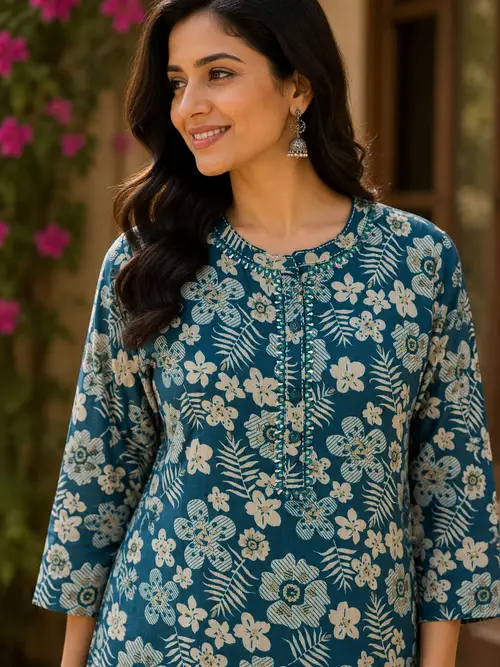 Blue Floral Print Rayon Tunic
