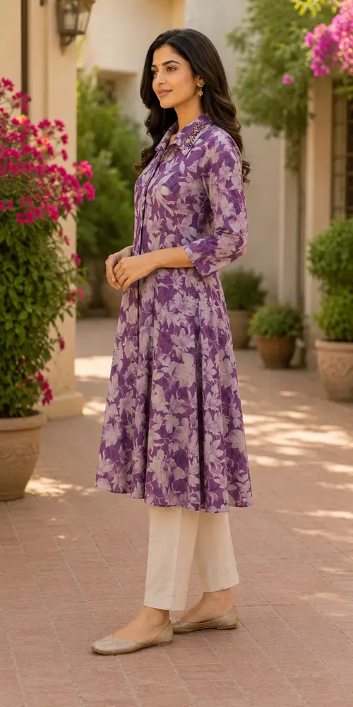 Purple Floral A-Line Kurti with Beaded Collar