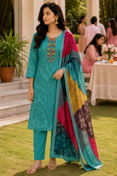Teal Blue Paisley Embroidered Crepe SKD Set