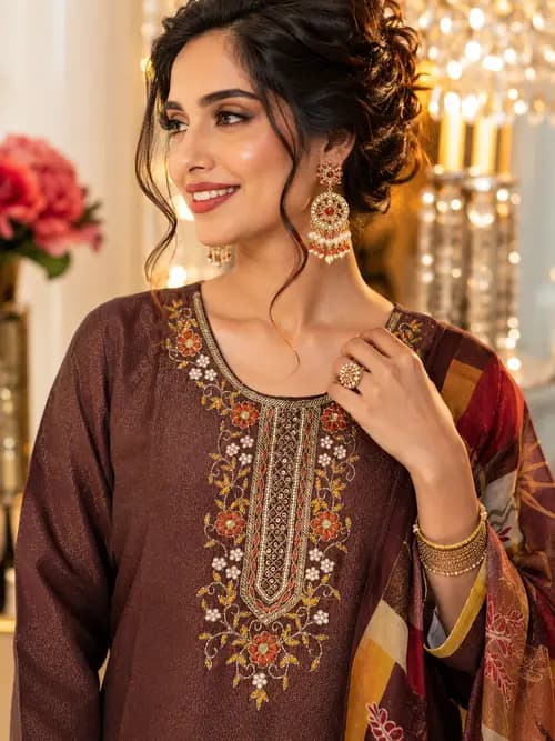 Maroon Embroidered SKD Set with Printed Dupatta