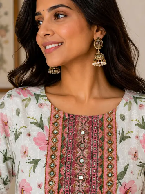 White & Pink Floral Print Rayon Sequence Kurti with Mirror Work