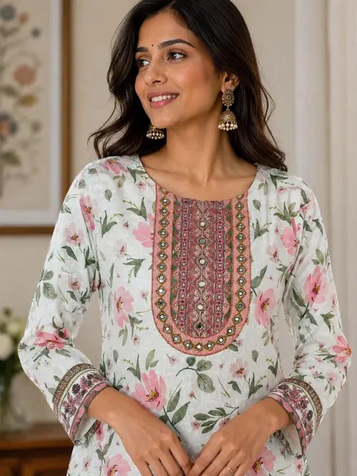 White & Pink Floral Print Rayon Sequence Kurti with Mirror Work