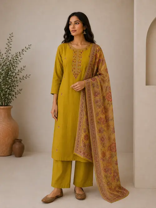 Mustard Embroidered Rayon SKD Suit Set with Floral Dupatta