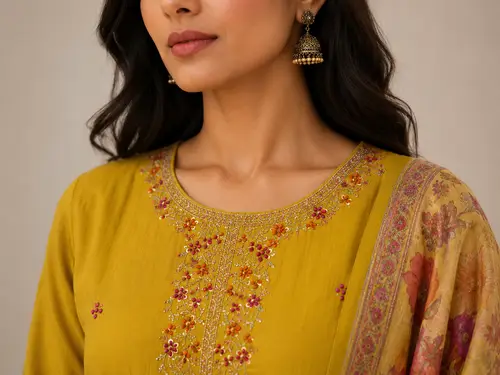 Mustard Embroidered Rayon SKD Suit Set with Floral Dupatta