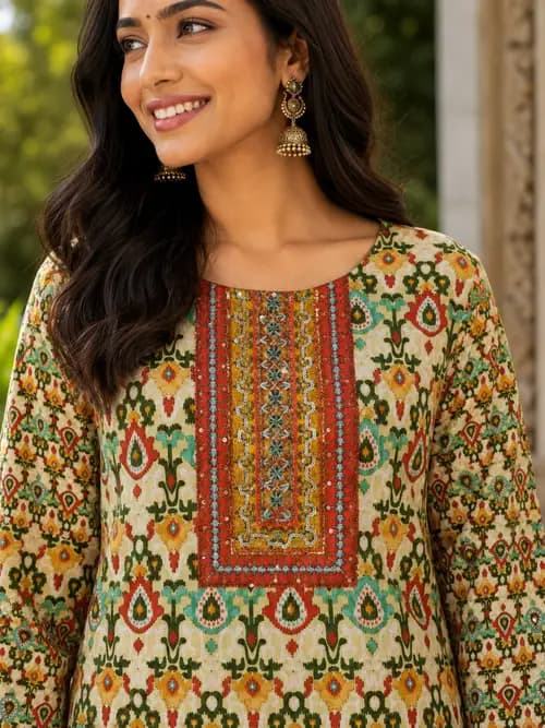 Beige Multi-Printed Rayon Kurti with Sequin Yoke