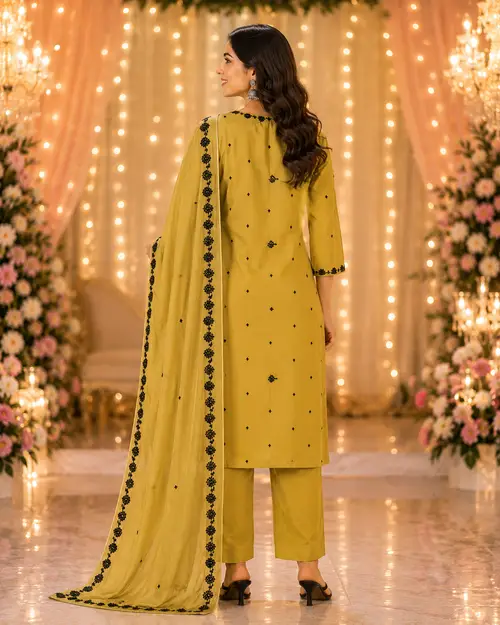 Mustard Viscose Embroidered Kurta Set with Dupatta