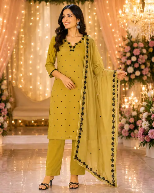 Mustard Viscose Embroidered Kurta Set with Dupatta