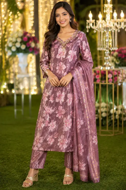 Purple Floral Viscose undefined Suit