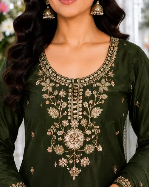 Olive Green Embroidered Silk Fendy SKD Set