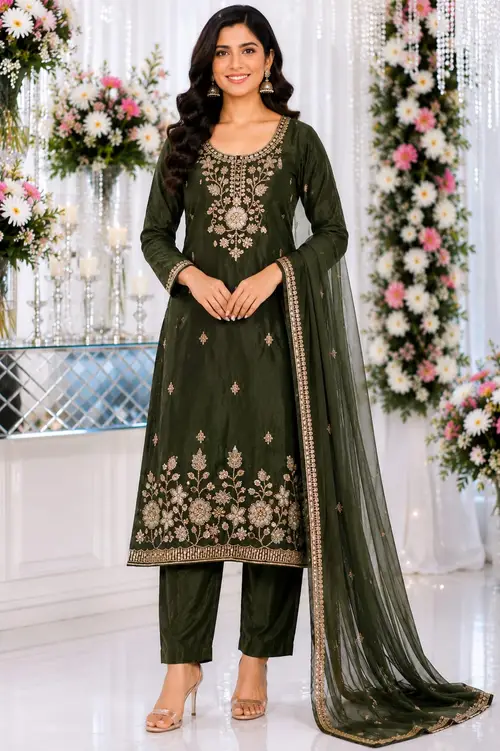 Olive Green Embroidered Silk Fendy SKD Set