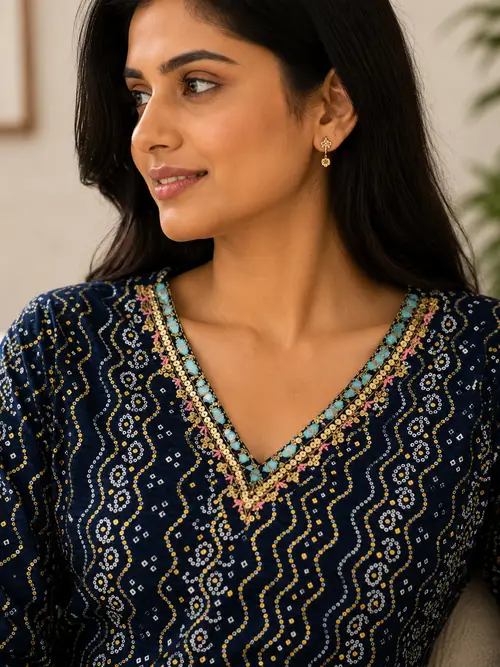 Navy Blue Bandhani Print Rayon Kurti