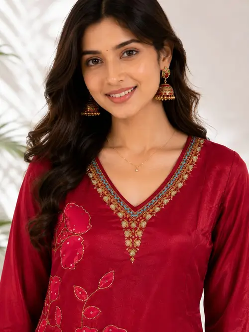 Maroon Floral Crepe Kurti with Embroidery