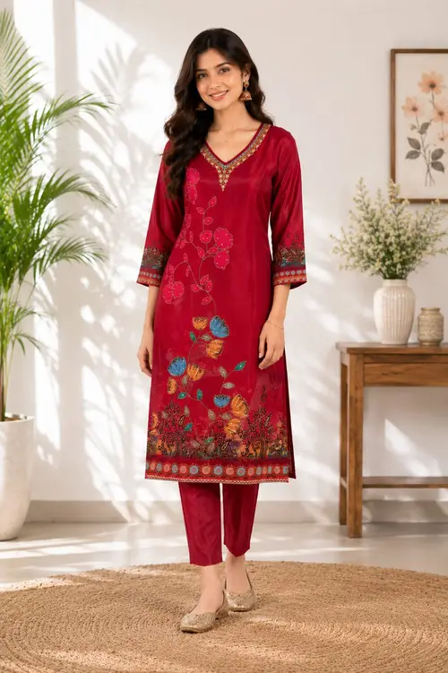 Maroon Floral Crepe Kurti with Embroidery