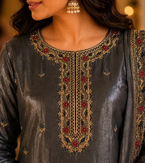 Grey Embroidered Viscose Glass Satin Suit Set