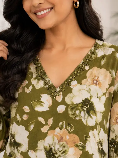 Olive Green Floral Printed Tunic