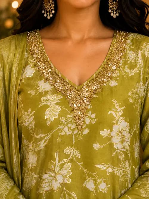 Olive Green Floral Embellished Full Sleeve V-Neck Ensemble