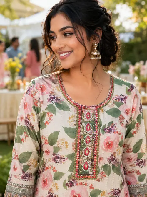Beige Floral Printed Rayon Kurti with Stone & Bead Embellishment