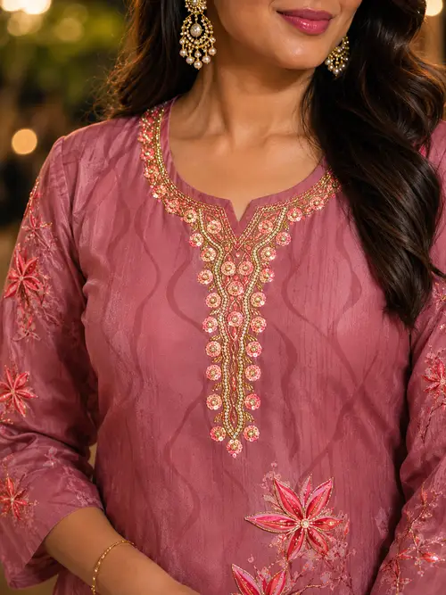 Pink Embroidered Crepe Kurta