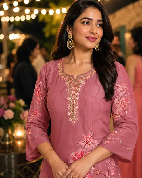 Pink Embroidered Crepe Kurta