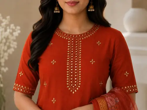 Red Embellished Vetican SKD Set with Floral Dupatta