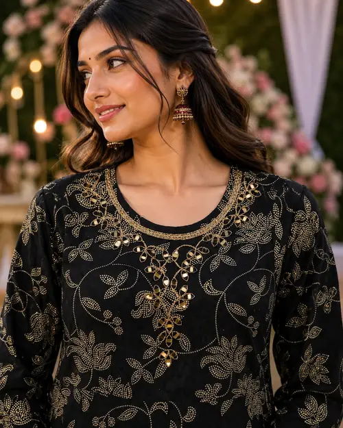 Black Anarkali Kurti with Floral Print & Embroidery