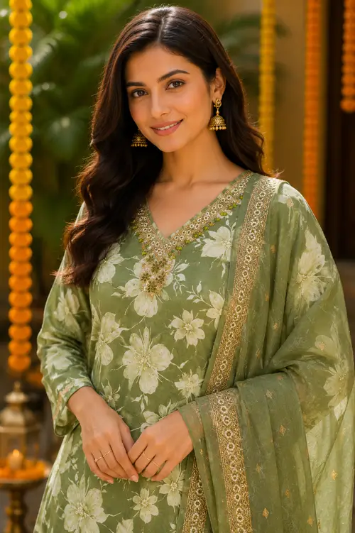 Green Floral Print V-Neck Kurta Set with Dupatta