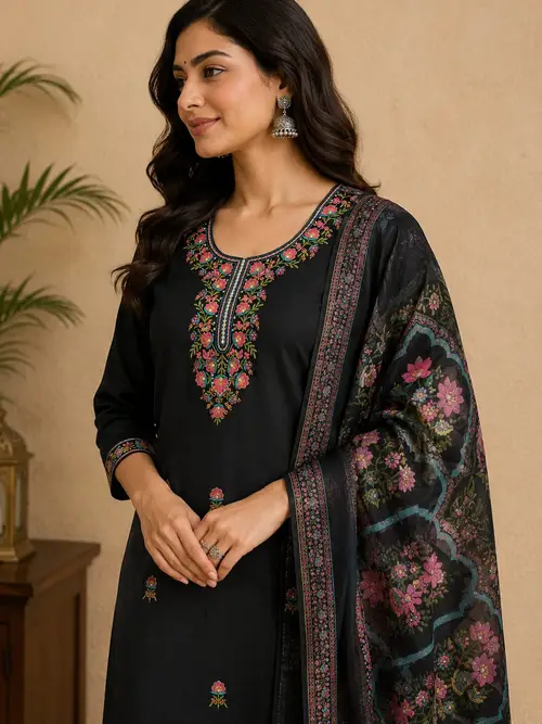 Black Embroidered SKD Set with Floral Dupatta